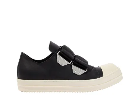 R!ck Owens Low Strap Sneaks in black leather with a white toe cap and sole