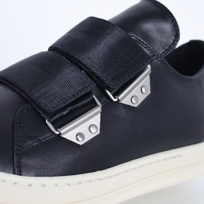 R!ck Owens Low Strap Sneaks in black leather with a white toe cap and sole
