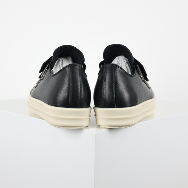 R!ck Owens Low Strap Sneaks in black leather with a white toe cap and sole