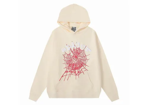 Sp5der White Letters Red Cobweb Beige Hoodie