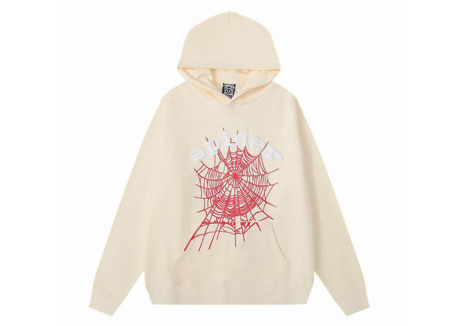 Sp5der White Letters Red Cobweb Beige Hoodie