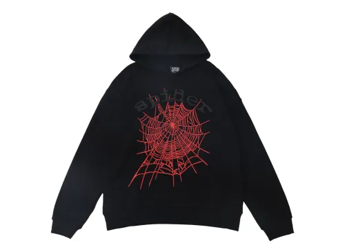 Sp5der BlackLetters Red Cobweb Black Hoodie