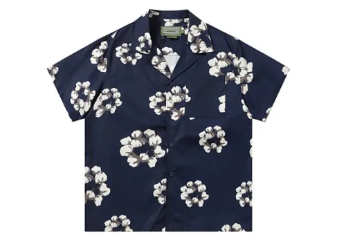 Denim Tears White Cotton Wreath Short-Sleeve Shirt Navy