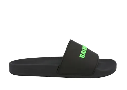 Balenciaga Logo Pool Slides Black Fluo Green