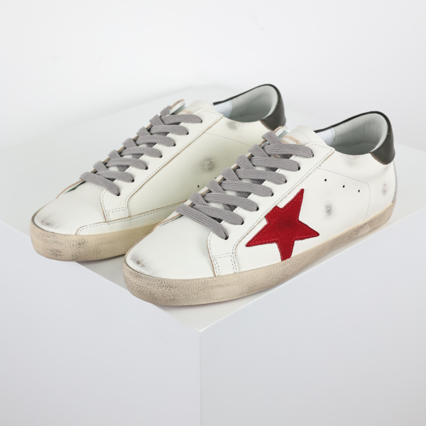 Golden G00se Super-Star trainers with red suede star and green leather heels tab