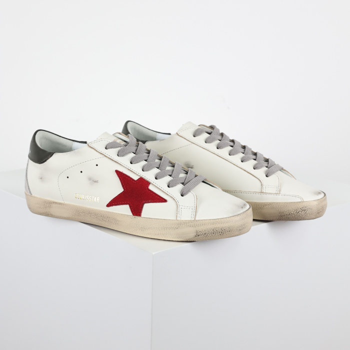 Golden G00se Super-Star trainers with red suede star and green leather heels tab