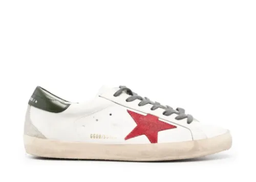 Golden G00se Super-Star trainers with red suede star and green leather heels tab