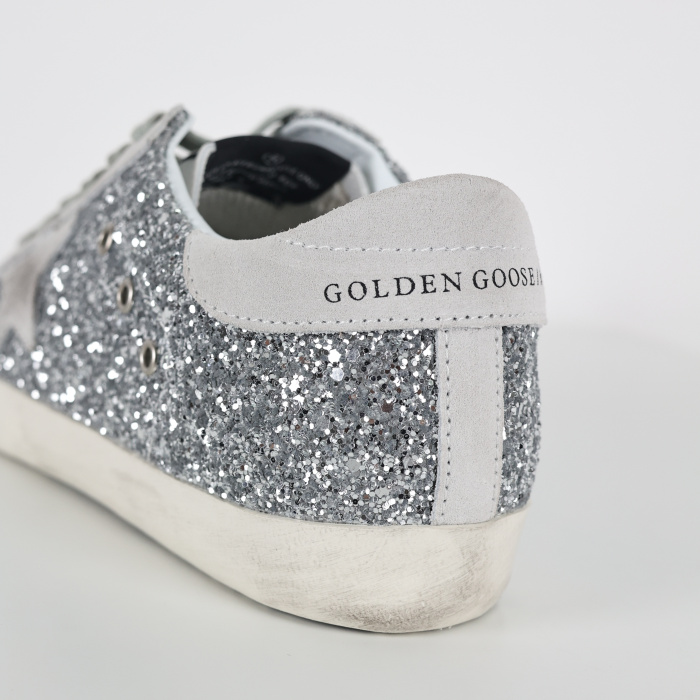 Golden G00se Super-Star trainers in silver glitter with ice-gray suede star
