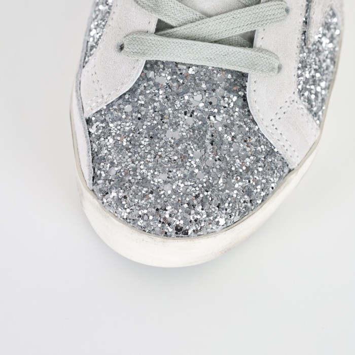 Golden G00se Super-Star trainers in silver glitter with ice-gray suede star