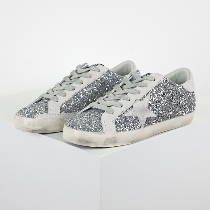 Golden G00se Super-Star trainers in silver glitter with ice-gray suede star