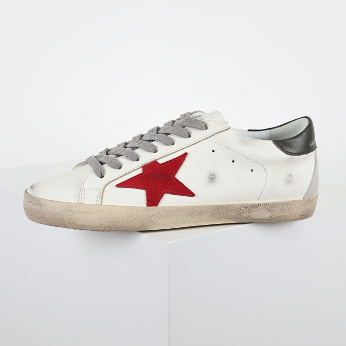 Golden G00se Super-Star trainers with red suede star and green leather heels tab