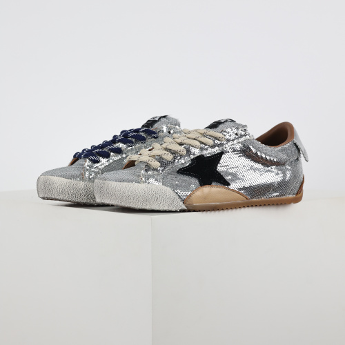 Golden G00se True-Star silver sequins with black star and silver leather heel tab
