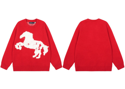 R@lph Lauren Horse Motif Towel‑Embroidery Jacquard Crew‑Neck Knit Sweater
