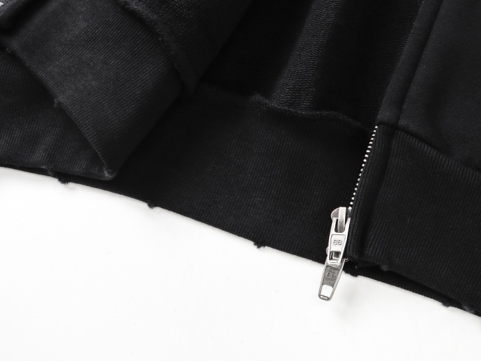 Balenciag@ SS26 Letter‑Embroidery Distressed Destroyed Full‑Zip‑Up Hoodie
