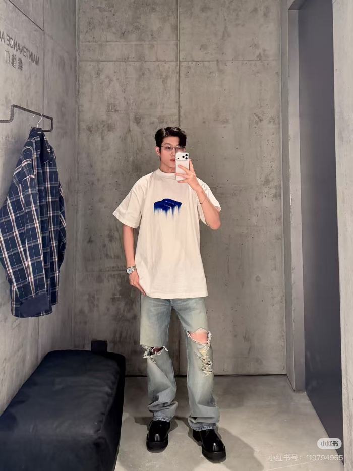 Balenciag@ Letter‑Embroidery 3M Reflective Print Short‑Sleeve T‑Shirt