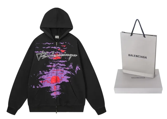 Balenciag@ SS26 Sunset‑Graphic Distressed Destroyed Full‑Zip‑Up Hoodie
