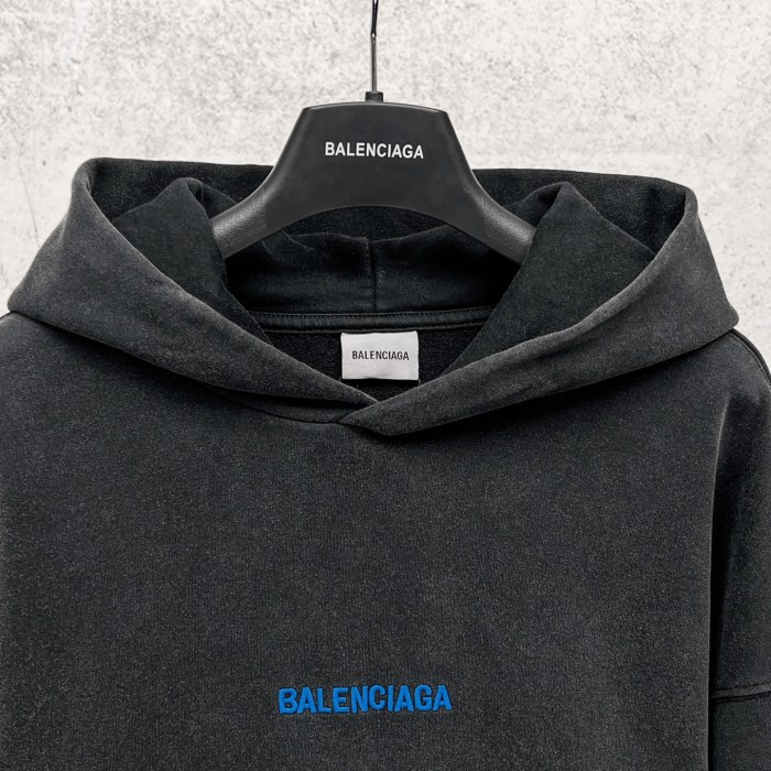 Balenciag@ FW26 Letter‑Logo Embroidery Washed Distressed Pullover Hoodie