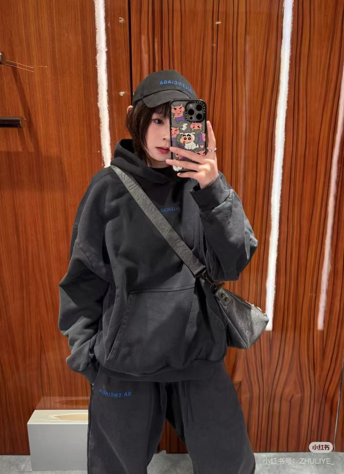 Balenciag@ FW26 Letter‑Logo Embroidery Washed Distressed Pullover Hoodie