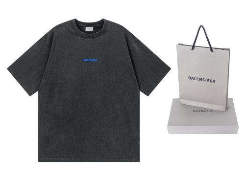 Balenciag@ 25SS Letter Logo Embroidery Washed Distressed Short‑Sleeve T‑Shirt