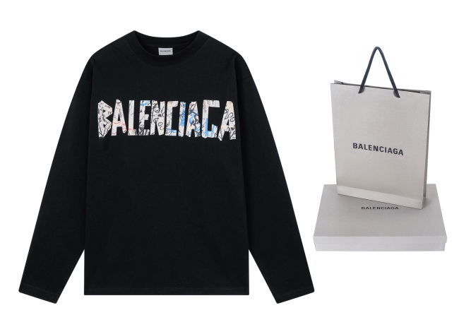Balenciag@ SS26 Graffiti‑Tape Direct‑Ink Print Long‑Sleeve T‑Shirt