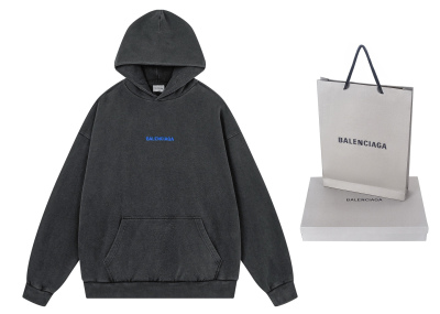 Balenciag@ FW26 Letter‑Logo Embroidery Washed Distressed Pullover Hoodie