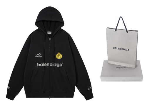 Balenciag@ Collab Soccer‑Style Zip‑Up Hoodie, Logo Embroidery & Graphic Print