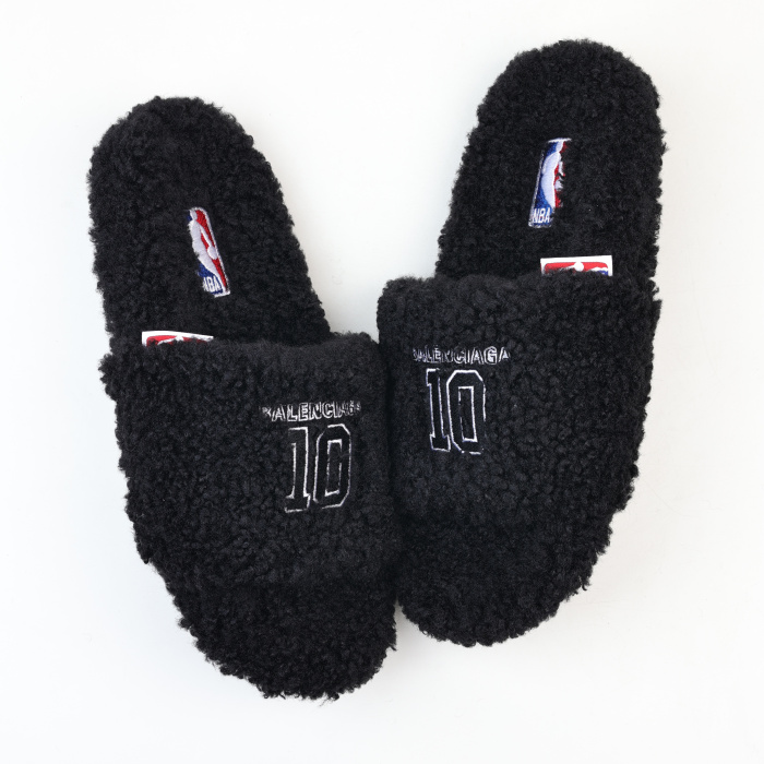 Balenciag* Furry Open Mule NBA Black White