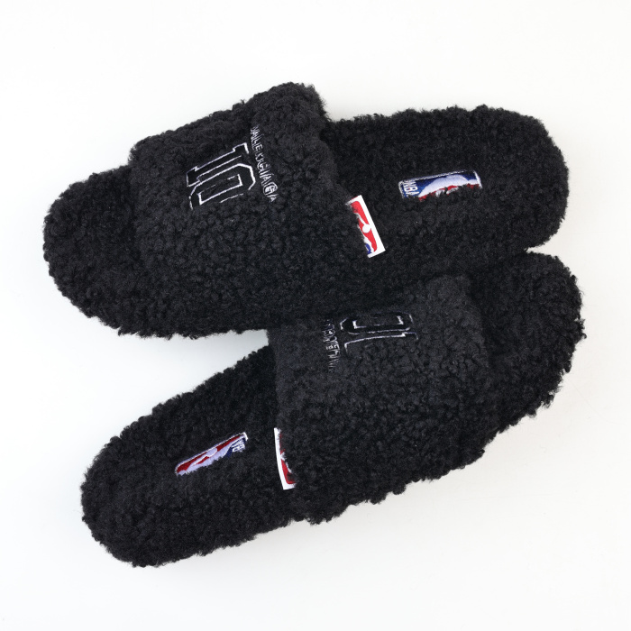 Balenciag* Furry Open Mule NBA Black White