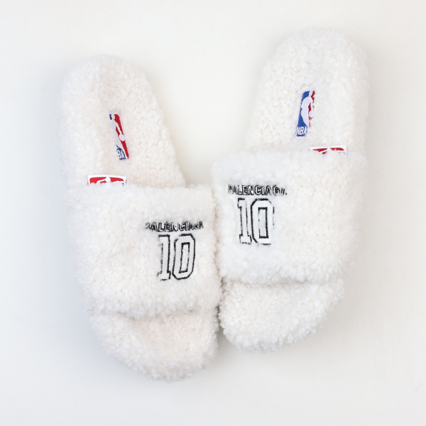 Balenciag* Furry Open Mule NBA  White Black