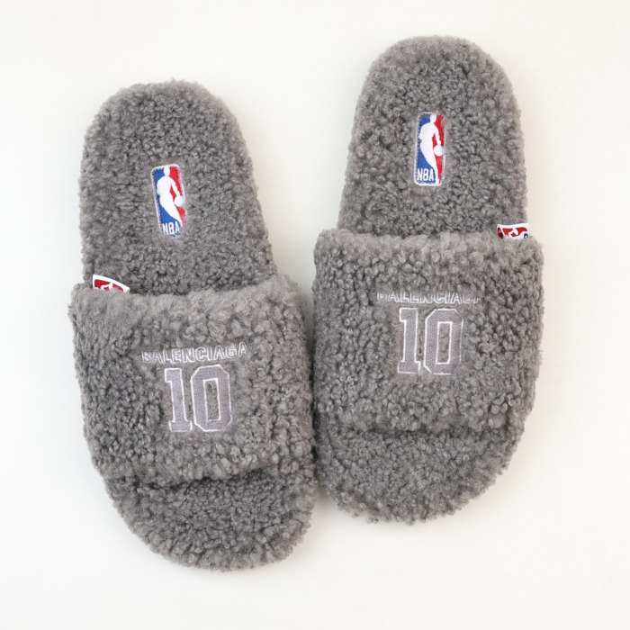 Balenciag* Furry Open Mule NBA  Gray White