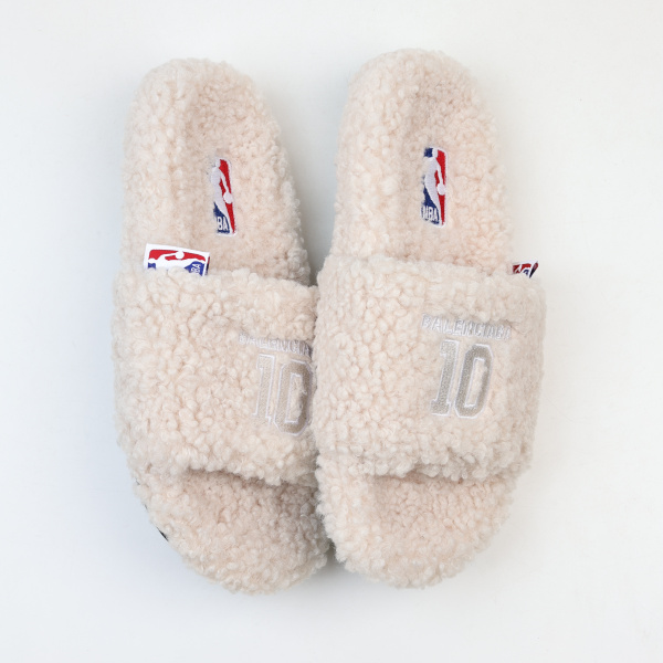 Balenciag* Furry Open Mule NBA  Beige White