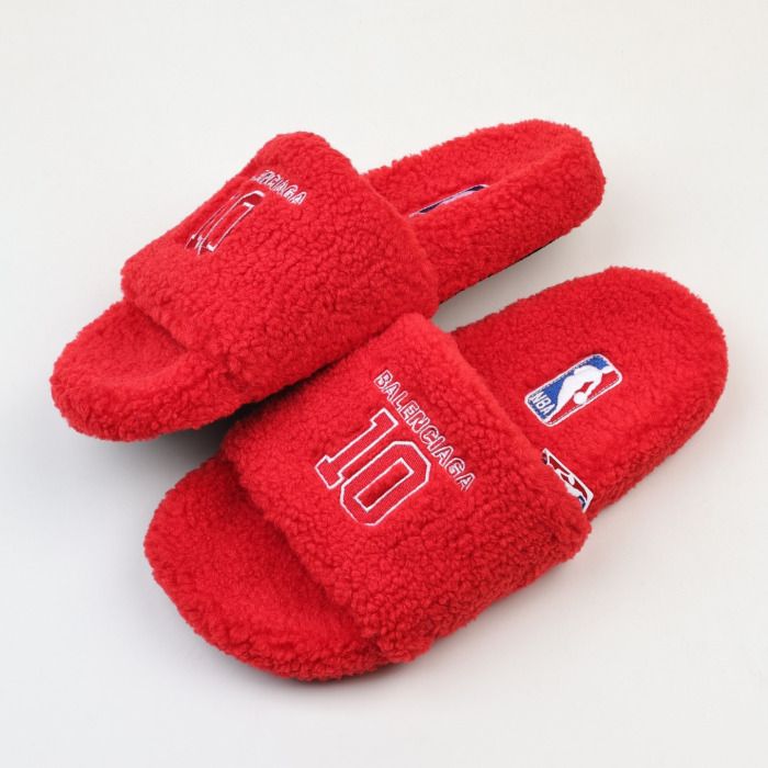 Balenciag* Furry  Open Mule NBA Red White