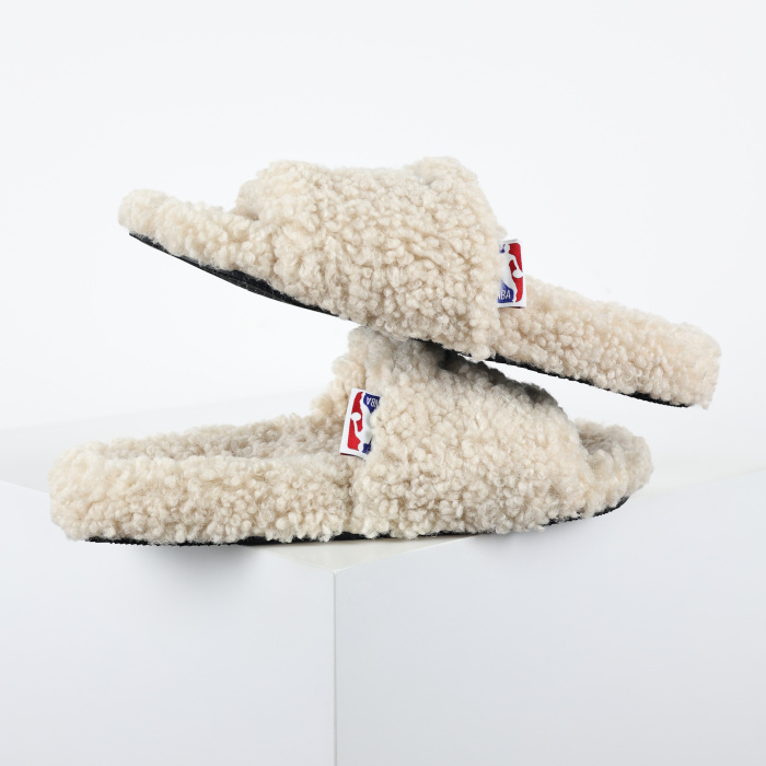 Balenciag* Furry Open Mule NBA  Beige White