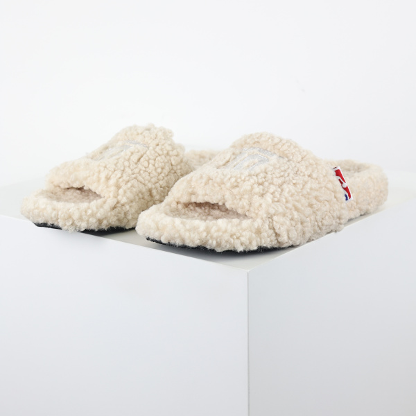 Balenciag* Furry Open Mule NBA  Beige White