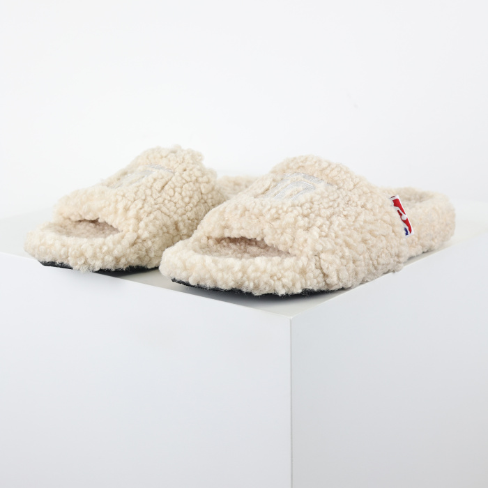 Balenciag* Furry Open Mule NBA  Beige White