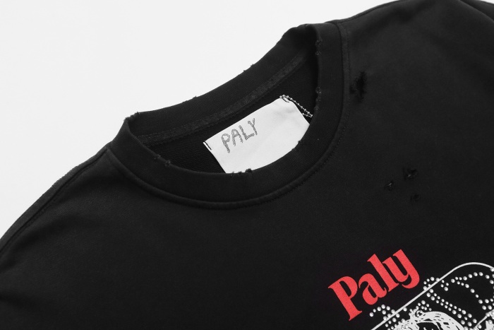 Paly Hollywood Hip-Hop Graffiti Print Heavyweight Distressed Rhinestone Crewneck Hoodie