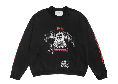 Paly Hollywood Hip-Hop Graffiti Print Heavyweight Distressed Rhinestone Crewneck Hoodie