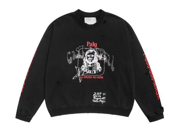 Paly Hollywood Hip-Hop Graffiti Print Heavyweight Distressed Rhinestone Crewneck Hoodie