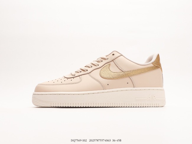 Nike WMNS Air Force 1’07 Low ESSGold Swooshes Classic Low Gang Low -Bannia Sneaker  Leather Khaki Gold Gold Hook  Style:DQ7569-102