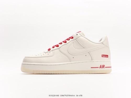 Supreme X Nike Air Force 1 07 LowSUPREME Classic Low -Gangs Leisure Sneakers  Litchi Leather Rice White Red SUP  Style:SU0220-001