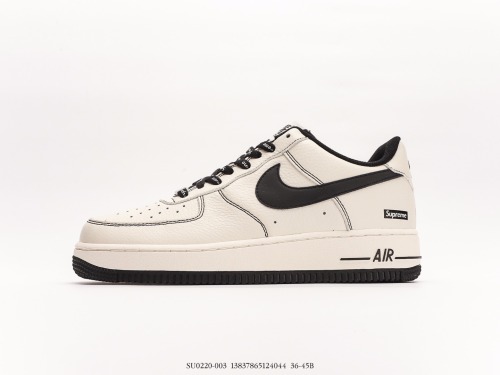 Supreme X Nike Air Force 1 07 LowSUPREME Classic Low -Gangs Leisure Sneakers  Litchi Leather Rice White Black SUP  Style:SU0220-003