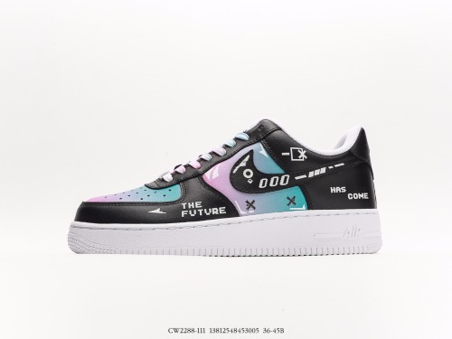 Nike Air Force 1 07 LV8GAME OVERON PLAY classic versatile leisure sneakers  leather black and white powder blue gradient game print  Style:CW2288-111
