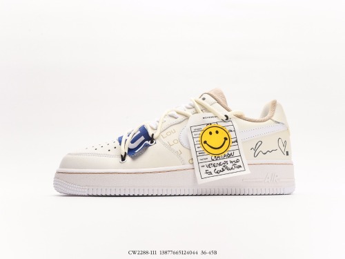 Nike Air Force 1 '07 LowbeigeBlueylLow Smile Low Classic Various casual sports shoes  Bei White Blue Blue and YelLow Smile Face  Style:CW2288-111