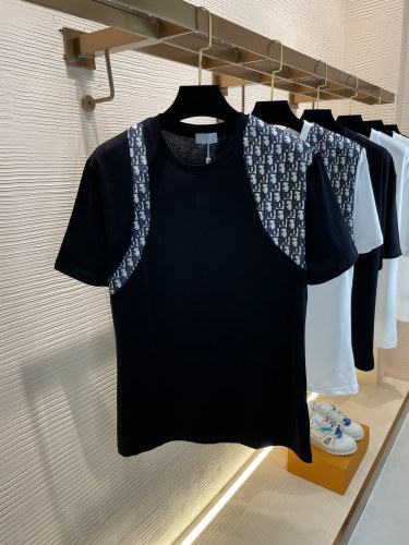 Dior 2023 Summer Laohua LOGO Stitching Cotton Cotton Round Neck Short -sleeved T -shirt