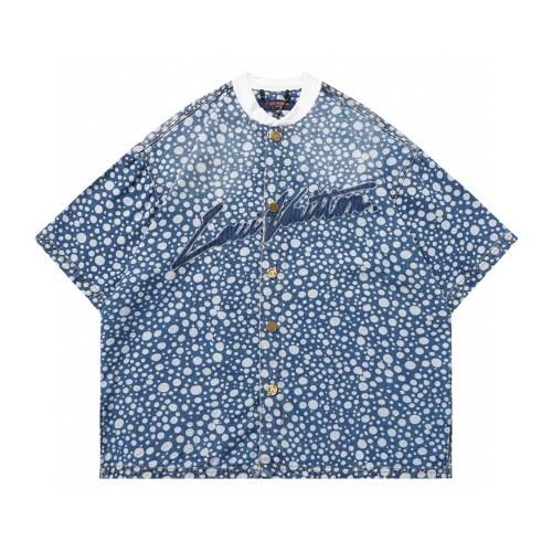 Louis vuitton 23ss wave dot embroidery letters lapel single -breasted denim shirt couple