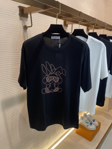 Dior 2023 Customized top long velvet cotton three rabbit pattern pressure gel craftsmanship round neck short -sleeved T -shirt