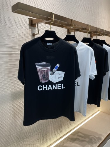 CHANEL 2023 Cotton Coffee Cup Pattermid Classification Printing Short -sleeved T -shirt couple model