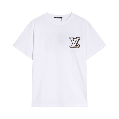 Louis vuitton new product before and after embroidered leather letter logo round neck short -sleeved couple