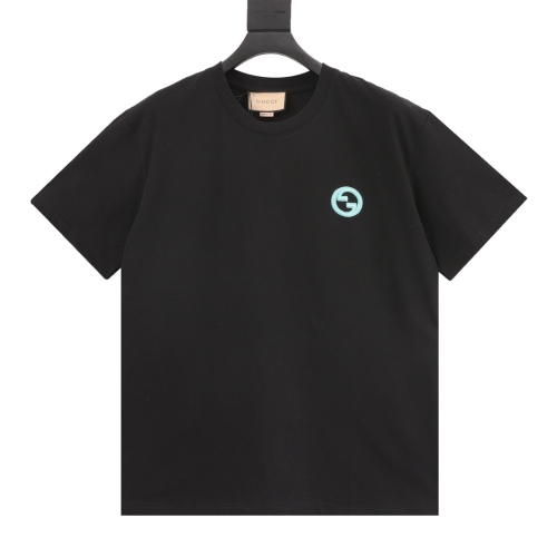 GUCCI Blue Double G three -dimensional logo embroidered round neck short sleeves