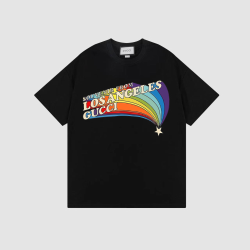 GUCCI Rainbow Letter Print Short -sleeved T -shirt Couples Loose Shoulder Edition